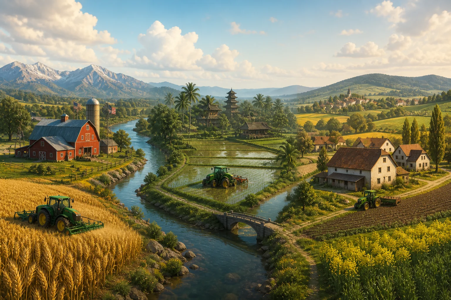 Original editorial artwork showing the three base-map farming environments